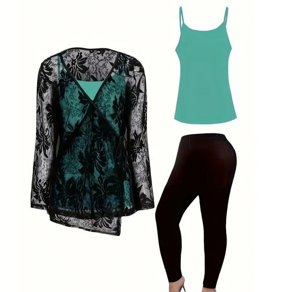 NWT ~ Women's 3 Piece Set ~ Teal Cami Black Lace Cardigan & Pants ~ Plus Size 3X - Picture 3 of 6